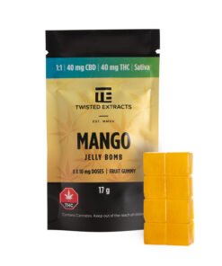 1:1 Mango Jelly Bomb| Sativa | 40mg THC/40mg CBD | Twisted Extracts Ingredients: Sugars (corn syrup, sugar from beets), Water, Gelatin, Citric acid, Natural and artificial flavours, Pectin, Coconut oil, Canola oil, Cannabis extract, Carnauba wax, FD&C Blue #1, FD&C Red #40. Active Ingredients: Sativa Dominant Cannabis Extract, CBD Directions: Product is easily divided into 8 x 10 mg doses. First time users take a single 10 mg dose. Allow 90 minutes for full effect before an additional dose is considered. Take with food for best results. Mango Jelly Bombs provide a consistent and reliable delivery system for the ingestion of cannabis. Medicated with Twisted Extracts‘ in-house premium cannabis oil, these Mango Jelly Bombs are a premium cannabis edible product. Each Mango Jelly Bombs is infused with 40mg THC and 40mg CBD, derived from a sativa dominant cannabis strain and as such, each gummy bar can be divided into eight 10mg (5mg THC & 5mg CBD) doses. All Twisted Extracts‘ gummies are lab tested and hand wrapped for quality assurance purposes. Best Use Like Sonny and Cher, Bonnie and Clyde or peanut butter and jelly, THC and CBD are just better together! These Mango Jelly Bombs maximize the effects of both cannabinoids, helping to alleviate aches and pains, improve mood and encourage an overall sense of calm. As they contain full-spectrum cannabis extract, expect them to pack a stronger punch than usual! These Jelly Bombs can spark creativity and help users unwind from the day. Medicinally, these 1:1 Mango Jelly Bombs are used most commonly to relieve pain and inflammation. Flavour With the delicious flavour of mango candy, these gummies remind users of tropical places and sunshine. The fruit flavour overwhelms the cannabis flavour almost completely. Easy for on-the-go consumption and carefully dosed, these gummies are a safe and controlled way to consume THC. Please always keep edibles and other cannabis products away and out of reach of animals and children, do not drive or operate heavy machinery after consumption and please do not consume if pregnant. Potency For users’ convenience, each gummy bar is dosed at 80mg. For one 10mg (5mg THC & 5mg CBD) dose, simply cut in eighths. Always take edibles with food and allow two hours for the full effect. As always with edibles, we suggest users start low and take it slow. As with any edibles, if users ever feel they’ve gone too far, they should try to relax. The effects of the THC will subside in a few hours and a supplementary dose of CBD can even help take the edge off.